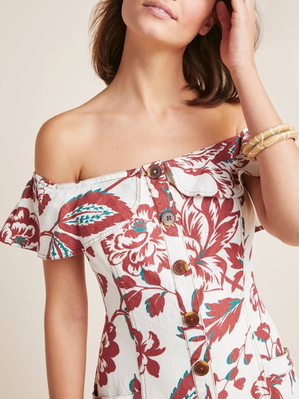 Anthropologie Oahu Dress 2 Size 6 Linen Midi Floral burgundy buttons pockets